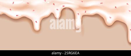 Le caramelle si gocciolano con una cremosa texture beige e spruzzi rosa sulla parte superiore. Glassa dolce che si scioglie formando onde con curve lisce e superficie lucida. Decorativo con Illustrazione Vettoriale