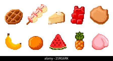 Le icone dei dolci e della frutta sono isolate su bianco. Illustrazione di cartoni animati vettoriali di emoji software retrò, waffle, marshmallow, torta, orso gommoso, cookie Illustrazione Vettoriale