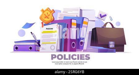Documentare la composizione delle procedure con cartelle delle policy, raccoglitori, valigetta e badge di polizia. Documenti di gestione aziendale dell'ufficio - accordi firmati, offi Illustrazione Vettoriale