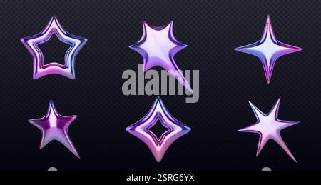 Collezione olografica 3d Stars: Forme geometriche viola e rosa iridescenti con finitura lucida sfumata, elementi decorativi in stile y2k retrò, metall Illustrazione Vettoriale