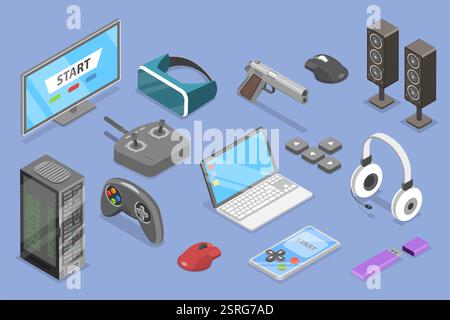 Isometrischer 3D-Flachsatz von Spielgegenständen, eSport oder Cyber SportbrIsometrischer 3D-Flachsatz von Spielgegenständen, eSport oder Cyber-Sport i Foto Stock