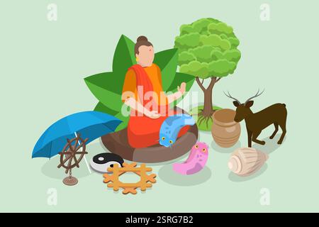 3D Isometrische flache Illustration von traditionellen spirituellen indischen Symbolen, Buddhismus und Yogabr3D Isometrische flache Illustration von t Foto Stock