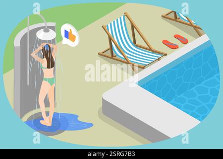 3D Isometrische flache Illustration von Schwimmbad Dusche, Sommerurlaub und Seaside Relaxbr3D Isometrische flache Illustration von Schwimmbad Dusche, Foto Stock