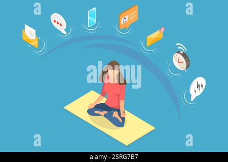 3D Isometrische flache Illustration von Digital Detox, Stressmanagement, Meditation und EntspannungbrIsometrische 3D-Flachillustration von Digital Det Foto Stock