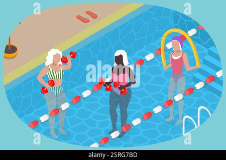 3D Isometrische flache Illustration von Senioren Schwimmen in einem Pool, Hydrotherapiebr3D Isometrische flache Illustration von Senioren Schwimmen in Foto Stock