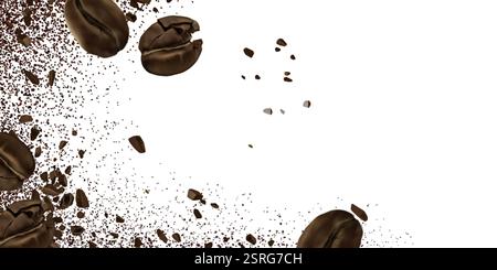 Chicchi di caffè con bordo in polvere su sfondo bianco - grandi grani tostati sparsi con particelle macinate che creano un effetto dinamico di spruzzi. Barbabietola aromatica Illustrazione Vettoriale