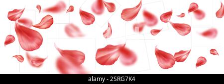 Petali di rosa rossi che fluttuano nell'aria con effetto di movimento sfocato su sfondo bianco. Elementi floreali cremisi sparsi in una composizione dinamica per un tocco romantico Illustrazione Vettoriale