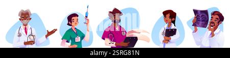 Cartoni animati personale medico set con diversi personaggi sanitari - medico senior in cappotto bianco, infermiera con siringa, medico esaminatore tablet, clin Illustrazione Vettoriale