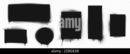 Spruzzare i telai degli stencil con vernice nera gocciolante su sfondo trasparente. Forme geometriche con spruzzi d'inchiostro, gocce di grunge e bordi sfumati. Realista Illustrazione Vettoriale