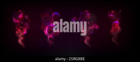 Effetti magici brillanti della bacchetta con vortici brillanti, scintillanti sentieri rosa, spirali luminose e polvere di stelle mistica su sfondo nero. Incantesimo fantasy Illustrazione Vettoriale