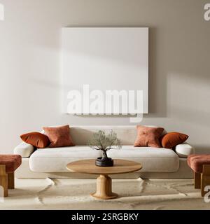 l'interno del soggiorno è ripreso con mobili moderni. Modello di telaio per poster con interni dal design moderno. Illustrazione 3D. Foto Stock
