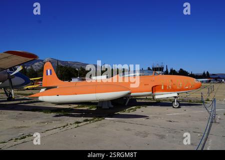 25 gennaio 2025, Dekelia, Atene, Grecia. Un vecchio aereo da addestramento Lockheed T-33A Shooting Star Foto Stock