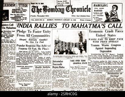 Mahatma Gandhi news su Bombay Chronicle Newspaper, Mumbai, Maharashtra, India, Asia, 15 gennaio 1948, Asia Foto Stock