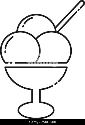 Palline da gelato nella ciotola icona lineare Logo Sticker. Gelato Day design minimalista con pittogramma. Illustrazione vettoriale isolata schede tematiche, poster, opuscoli, prezzi, etichette o banner promozionali Web Illustrazione Vettoriale