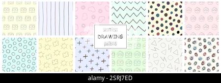 Collezione di motivi colorati vettoriali senza cuciture - design delicato disegnato a mano. Bambini minimalisti che disegnano sfondi carini. Stampe senza fine in tessuto Illustrazione Vettoriale