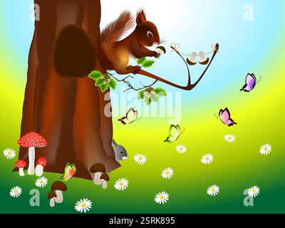 Glade nella foresta con animali e piante da cartone animato. Illustrazione Vettoriale