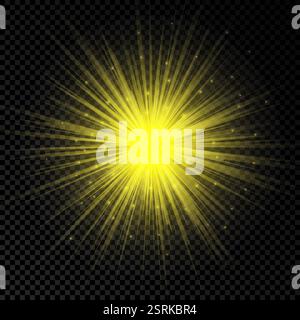Effetto luminoso dei brillamenti dell'obiettivo. Le luci gialle incandescenti producono effetti esplosivi con scintille su sfondo trasparente. Illustrazione vettoriale Illustrazione Vettoriale