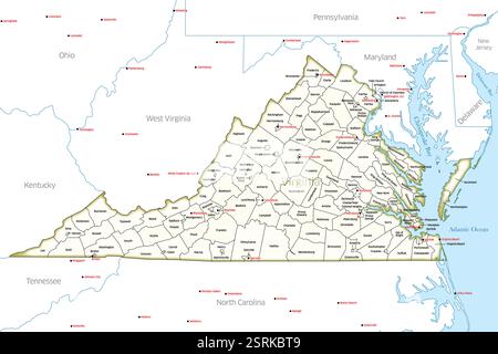 Mappa dettagliata dello stato della Virginia, USA, con le sue contee e le principali città. Foto Stock