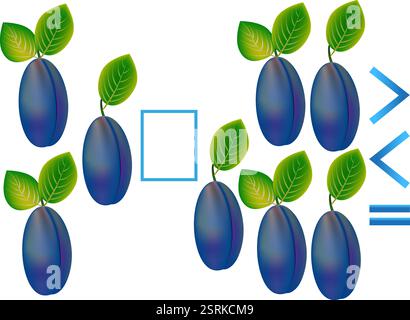 Gioco educativo per bambini, confronto del numero di prugne. Illustrazione Vettoriale