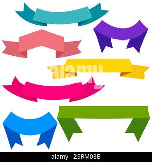 Set di nastri e banner colorati per il web design. Ottimo elemento di design isolato su sfondo bianco. Illustrazione vettoriale. Illustrazione Vettoriale