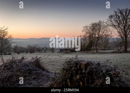 Un paesaggio di una mattina invernale a Creuse, in Francia, con terreno ghiacciato, un mucchio di tronchi in primo piano e un cielo arancione all'orizzonte. Foto Stock