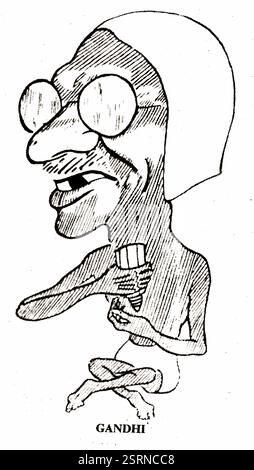 Cartone animato di Mahatma Gandhi con shaker di sale in mano, Gujarat, India, Asia, 1930, Asia Foto Stock