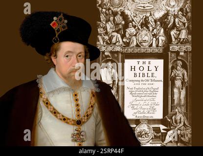 Giacomo vi e i, James Charles Stuart, 1566 – 1625, re d'Inghilterra, Scozia e Irlanda, Frontespiece to the King James' Bible, 1611, edito digitalmente dopo un dipinto di John de Critz Foto Stock