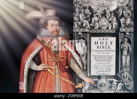 Giacomo vi e i, James Charles Stuart, 1566 – 1625, re d'Inghilterra, Scozia e Irlanda, Frontespiece to the King James' Bible, 1611, editato digitalmente Foto Stock