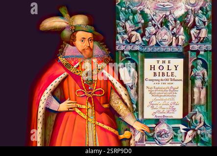 Giacomo vi e i, James Charles Stuart, 1566 – 1625, re d'Inghilterra, Scozia e Irlanda, Frontespiece to the King James' Bible, 1611, editato digitalmente Foto Stock