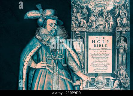 Giacomo vi e i, James Charles Stuart, 1566 – 1625, re d'Inghilterra, Scozia e Irlanda, Frontespiece to the King James' Bible, 1611, editato digitalmente Foto Stock