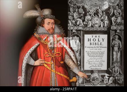 Giacomo vi e i, James Charles Stuart, 1566 – 1625, re d'Inghilterra, Scozia e Irlanda, Frontespiece to the King James' Bible, 1611, editato digitalmente Foto Stock