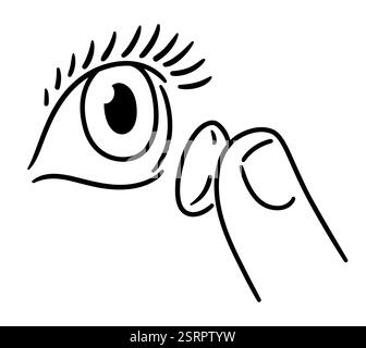 Inserimento di lenti a contatto con l'icona disegnata a mano. Lente che tiene gli occhi e le dita. Disegni in bianco e nero. Disegno semplice, illustrazione grafica a clip vettoriale. Illustrazione Vettoriale