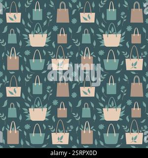 Il motivo Vector flat art eco senza cuciture presenta una disposizione elegante di borse tote riutilizzabili con foglie. Illustrazione Vettoriale
