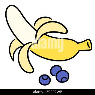 Banana sbucciata e mirtilli, icona di doodle disegnata a mano. Disegno semplice, illustrazione grafica a clip vettoriale. Illustrazione Vettoriale