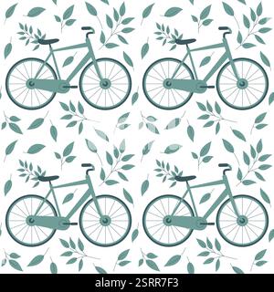 Il motivo Vector flat art eco senza cuciture è caratterizzato da biciclette e foglie verdi. Illustrazione Vettoriale