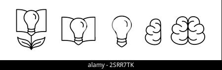 Il set di logo Vctor presenta una collezione di icone minimaliste che combinano libri, lampadine e cervello. Illustrazione Vettoriale