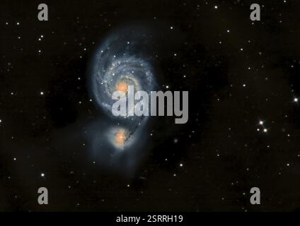 Whirpool Galaxy, Swirl Galaxy, Swirl Nebula, Spiral Galaxy, (Messier 51A) e la galassia che interagisce NGC5195 in Canes Venatici Foto Stock