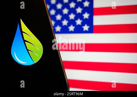 Roosendaal, Paesi Bassi - 16 febbraio 2025: Un telefono cellulare con il logo di GreenStream Solutions, con la bandiera degli Stati Uniti d'AM Foto Stock