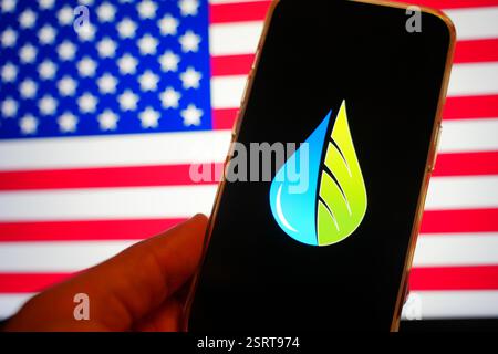 Roosendaal, Paesi Bassi - 16 febbraio 2025: Un telefono cellulare con il logo di GreenStream Solutions, con la bandiera degli Stati Uniti d'AM Foto Stock