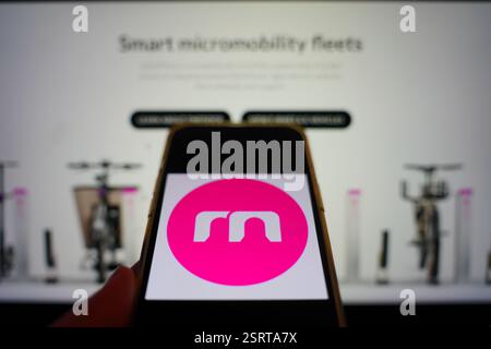 Roosendaal, Paesi Bassi - 16 febbraio 2025: Un telefono cellulare che mostra il logo di MicroFleet, con il sito Web dell'azienda sullo sfondo. Foto Stock