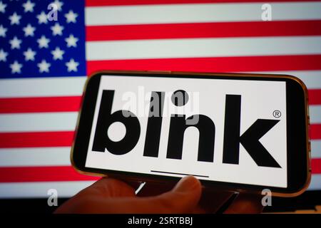 Roosendaal, Paesi Bassi - 16 febbraio 2025: Un telefono cellulare con il logo di Blink Charging, con il sito Web dell'azienda sullo sfondo. Foto Stock