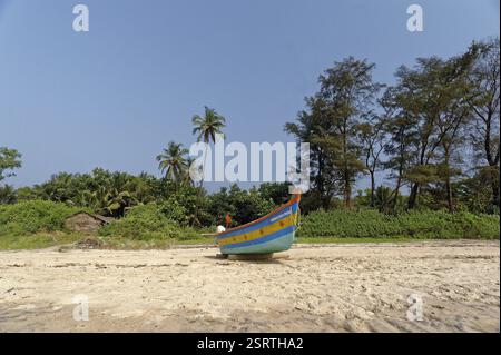 Barche da pesca sulla spiaggia devbagh sindhudurg, Maharashtra, India, Asia Foto Stock