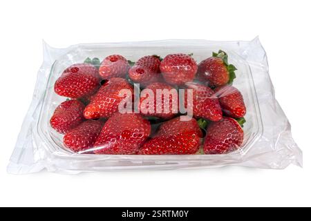 Fragole rosse mature in confezione di plastica trasparente per la vendita al supermercato. isolato su bianco con percorso di ritaglio incluso Foto Stock
