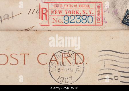 KIEV, UCRAINA, 27 MAGGIO 2021. US Post Postmark New York e Los Angeles, circa 1901 - 1907. Foto Stock