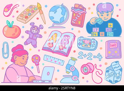 Icone della scuola. Carini bambini scienza. Bambini che leggono il libro ABC. Ragazzo che gioca con i blocchi giocattolo. Globo o o microscopio. Cartoleria degli studenti. Borsa per studio Illustrazione Vettoriale