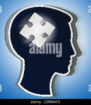 Testa umana. concetto di una nuova idea, pezzo del puzzle nella forma di un cervello di colore bianco Illustrazione Vettoriale