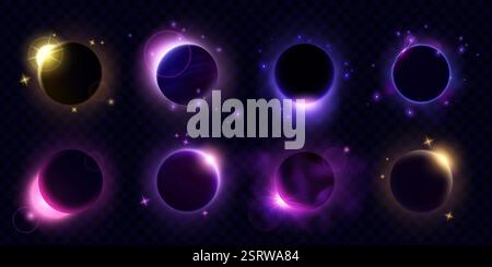 Luce circolare. Bagliore terrestre. Universo luminoso con oro scintillano nello spazio. Illuminazione solare. Eclissi lunari o alba all'orizzonte. Illuminazione Galaxy. Pianeta u Illustrazione Vettoriale