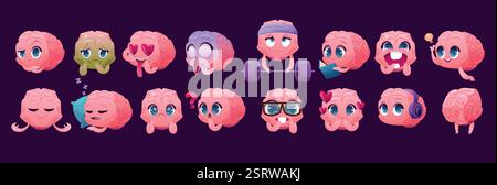 Il cervello dei cartoni animati. Mascotte animate, sport divertente o emoji mentale. Simbolo della memoria, emoticon dell'intelligenza. Istruzione e conoscenza sig Illustrazione Vettoriale