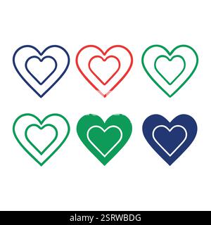 Set di icone colorate a doppio cuore con vari elementi decorativi Illustrazione Vettoriale