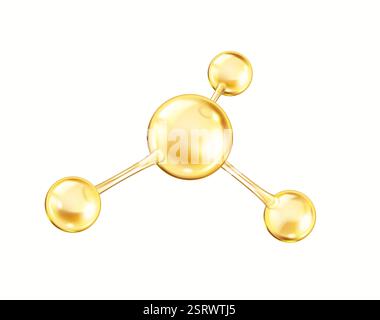 Molecola di collagene dorato rotante da sfere illustrazione vettoriale realistica. Struttura chimica per scopi scientifici oggetto 3d su bianco Illustrazione Vettoriale